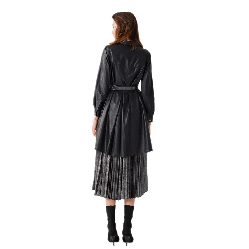 7C56 Women faux leather band collar long sleeves A-shape midi shirt dress