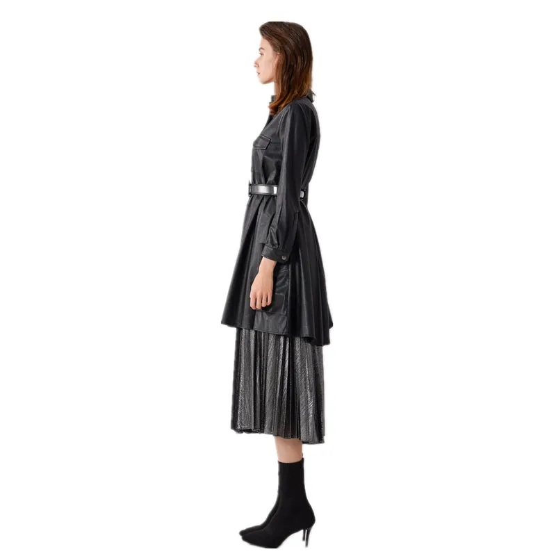 7C56 Women faux leather band collar long sleeves A-shape midi shirt dress