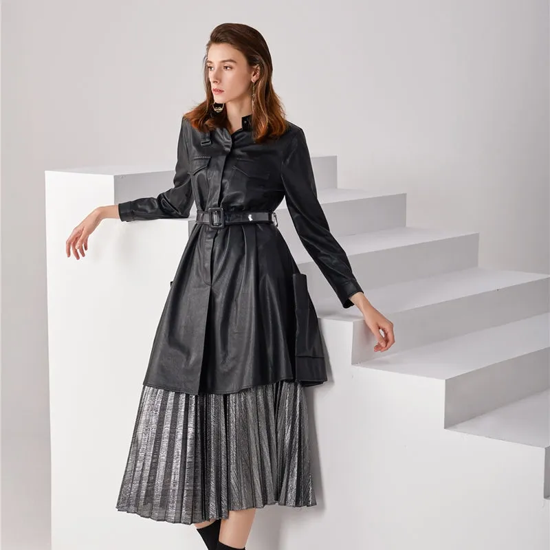 7C56 Women faux leather band collar long sleeves A-shape midi shirt dress