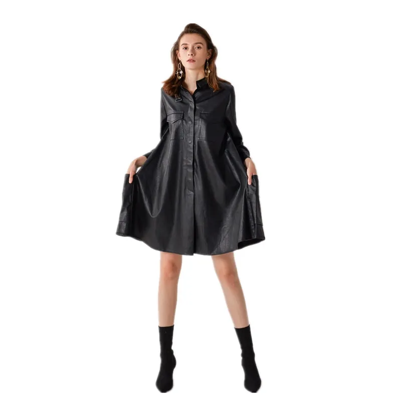 7C56 Women faux leather band collar long sleeves A-shape midi shirt dress