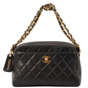 Chanel Around 1995 Made Trun-Lock Logo Charm Chain Bag Black