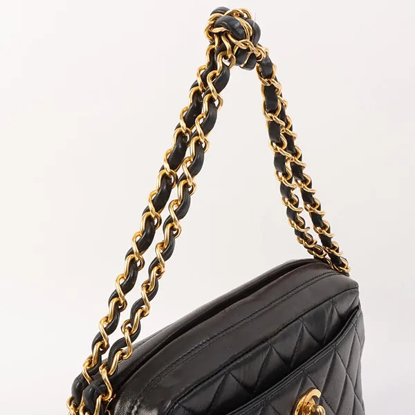 Chanel Around 1995 Made Trun-Lock Logo Charm Chain Bag Black