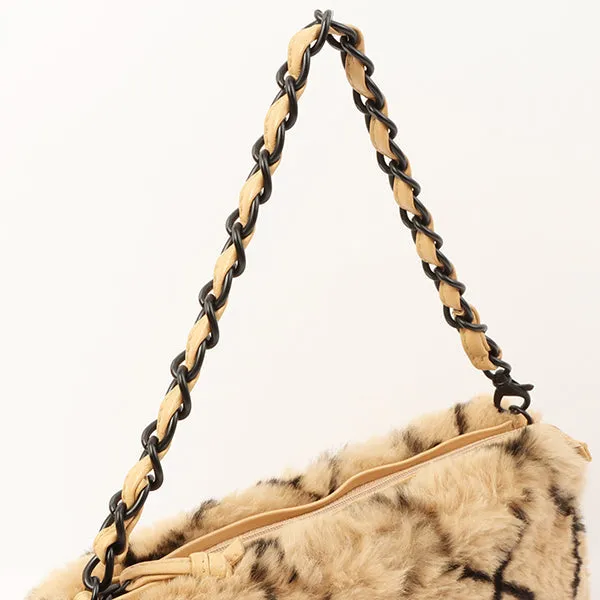 Chanel Around 2000 Made Lapin Fur Cc Mark Plate Chain Bag Beige