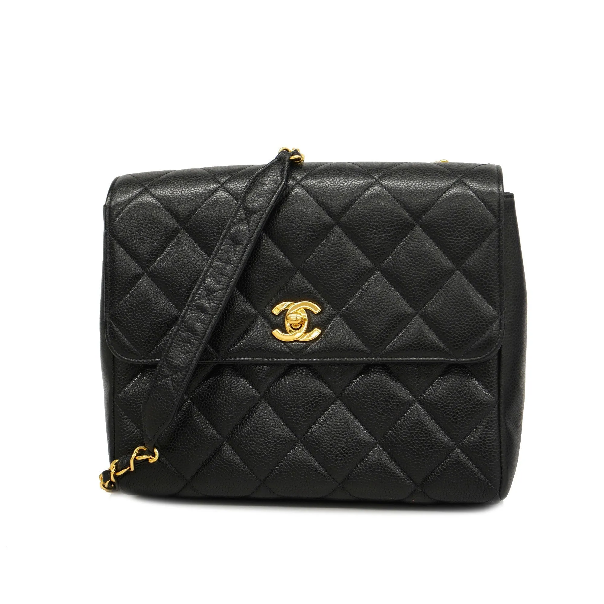 CHANEL   Matelasse Chain Shoulder Women's Caviar Leather Shoulder Bag Black