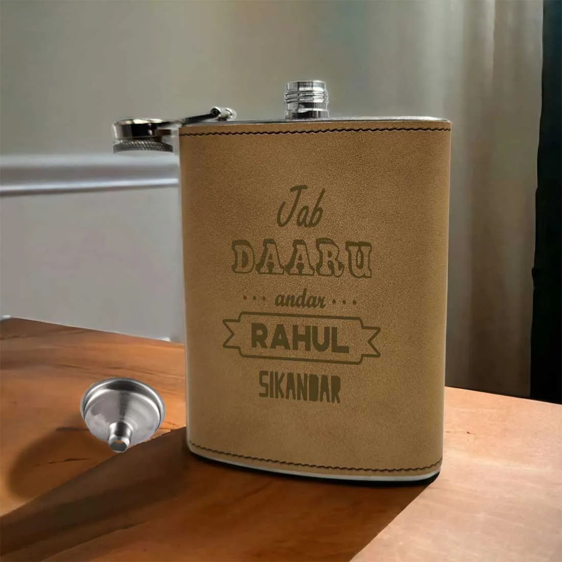 Faux Leather Hip Flask Personalised With Name Engraved Alcohol Flasks - Daaru