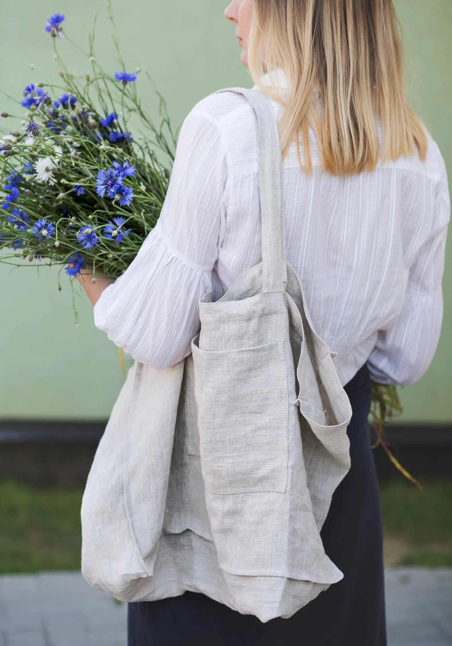 Linen Beach Bag with Pocket