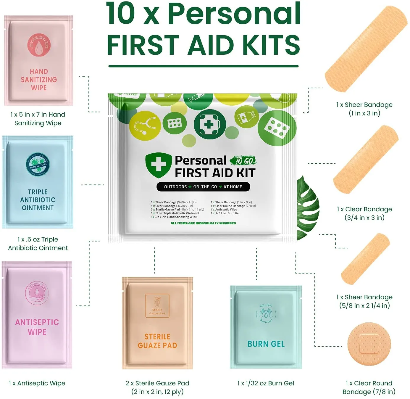 Portable Travel Size First Aid Kit - 10 Pack | Perfect for Home, Office, Car, School, Business, Travel, Hiking, Hunting, and Outdoors | Individually Wrapped First Aid Products (Green)