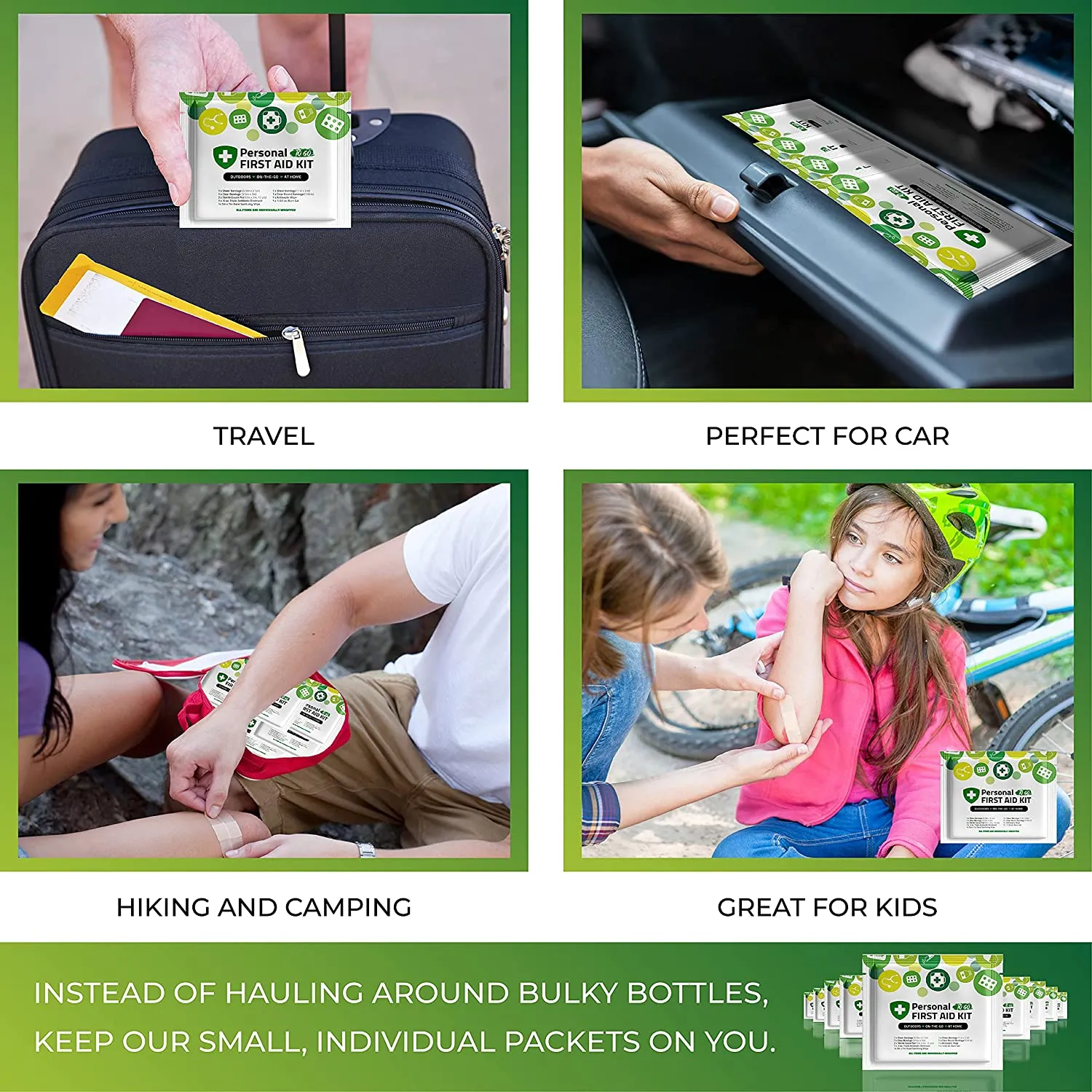 Portable Travel Size First Aid Kit - 10 Pack | Perfect for Home, Office, Car, School, Business, Travel, Hiking, Hunting, and Outdoors | Individually Wrapped First Aid Products (Green)