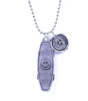 Skate Board Smiley Face necklace on 16" beaded ball chain, fabric gift bag, antique silver, each